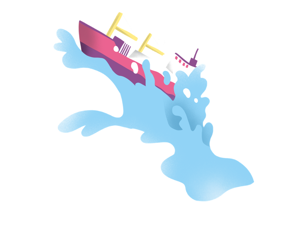 Een illustratie van een vrachtwagens op een golf van water.