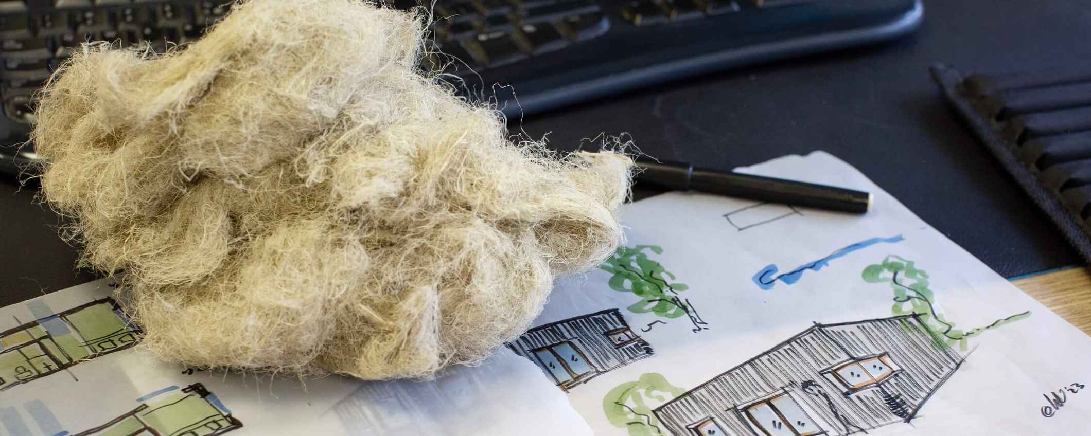 Vlas en een bouwtekening. Headerbeeld bij artikel over de keten van biobased materiaal