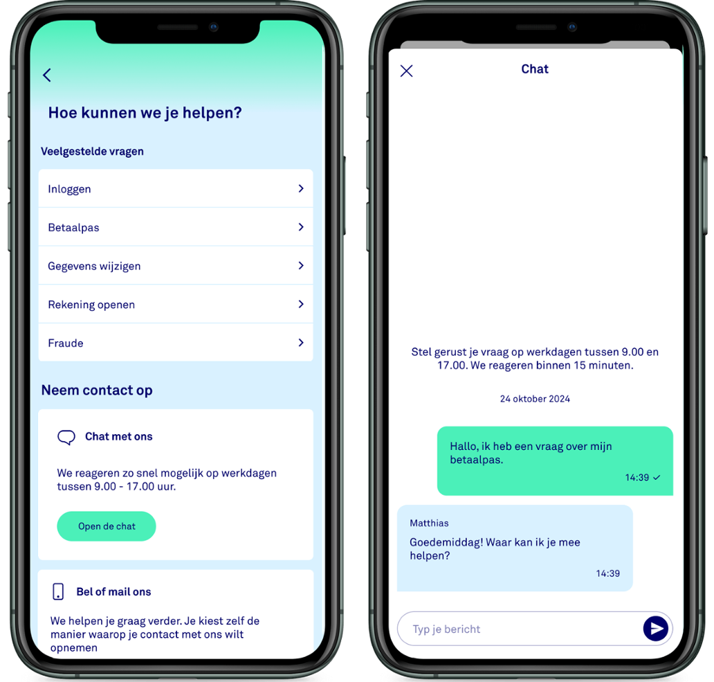 2 schermen uit de app, van de servicepagina met een button naar chat, en van een chatscherm