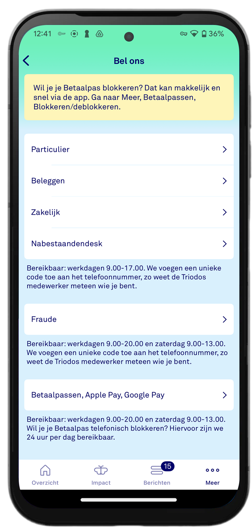 Screenshot van scherm in de Triodos Mobiel Bankieren app, waar je kunt bellen via de app