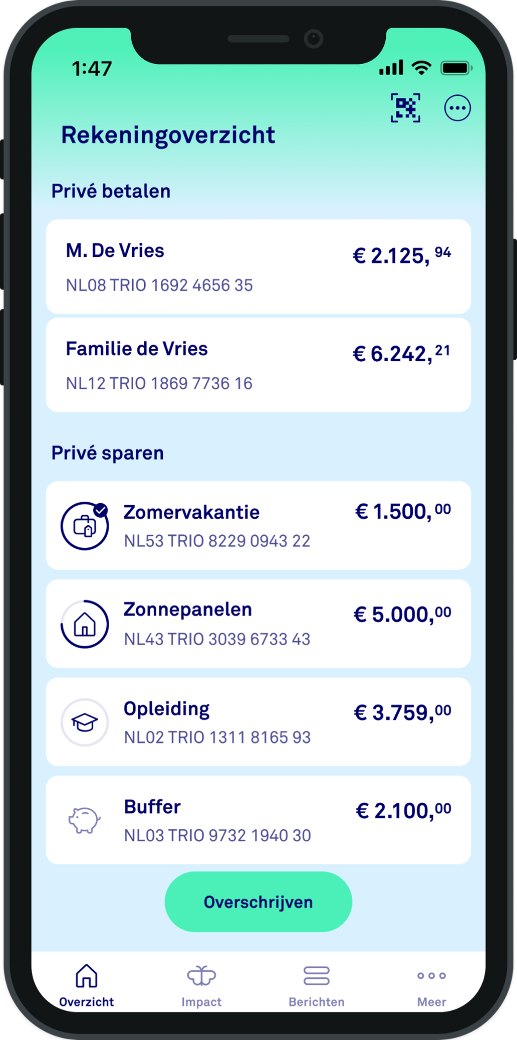 Een voorbeeld van hoe spaardoelen er in de app uitzien.