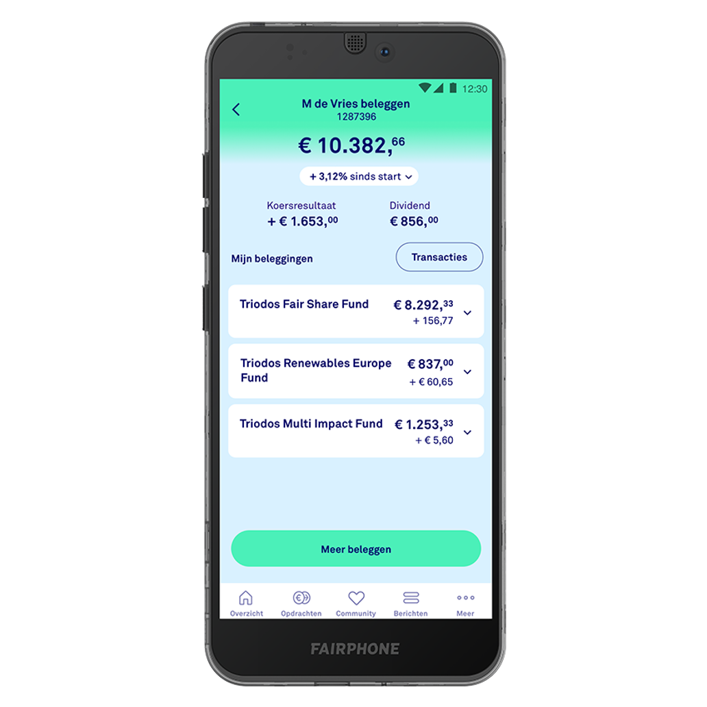 Fairphone met beleggen overzicht - Triodos Bank mobiele app