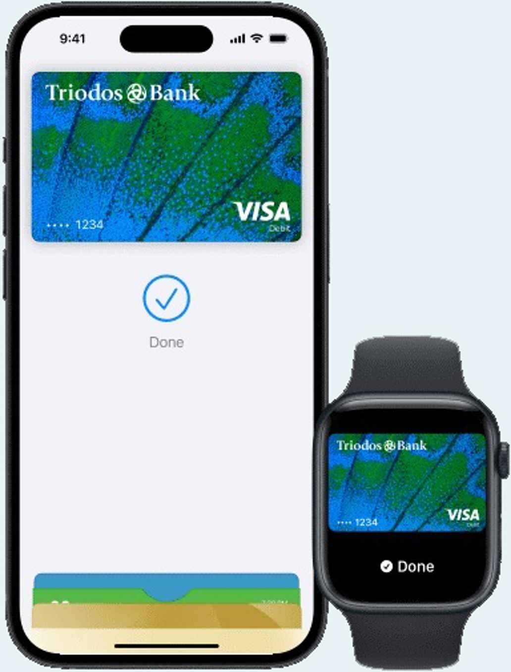 Voorbeeld van Apple Pay op iPhone en Apple Watch