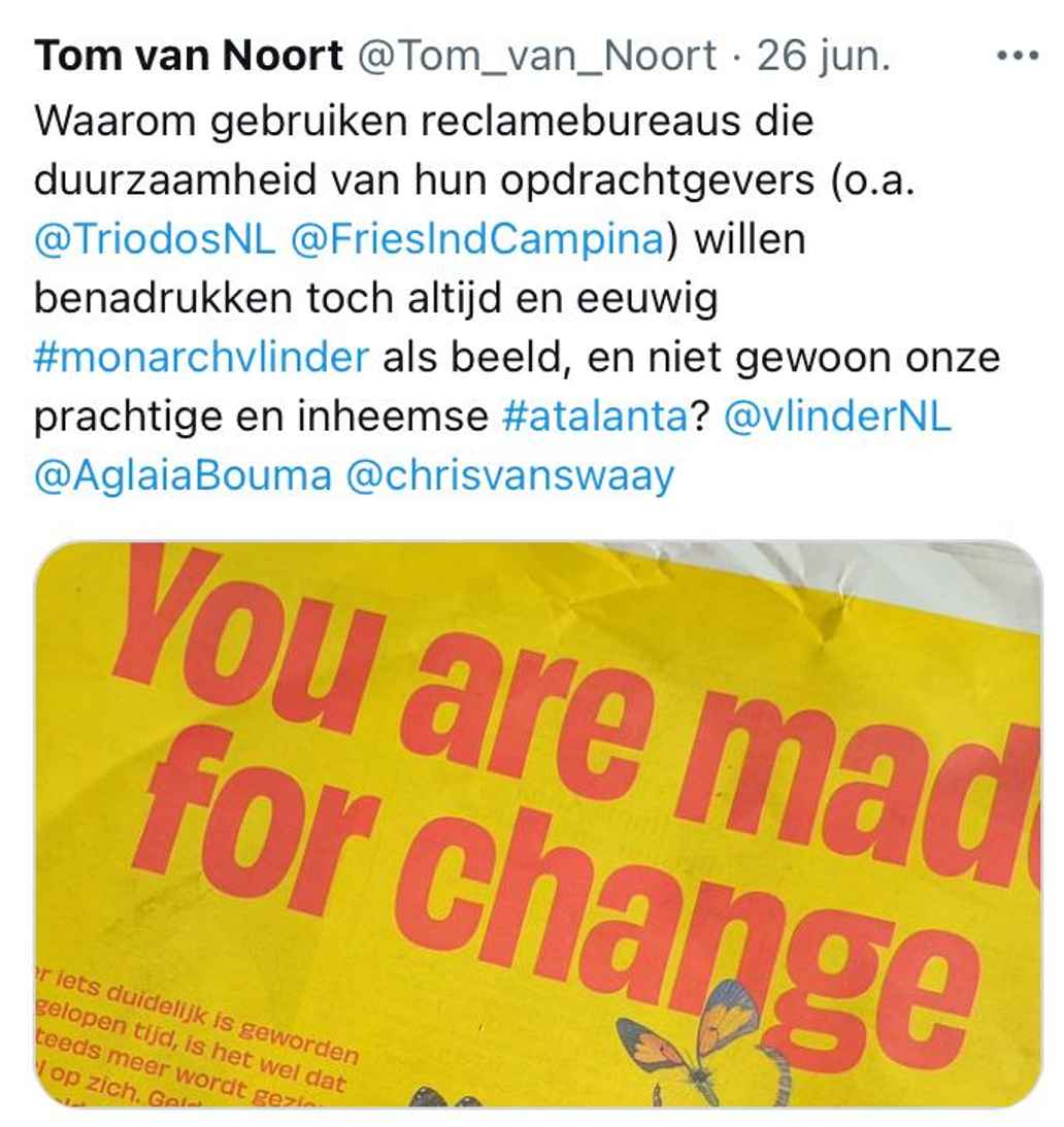 Tweet Tom van Noort over monarchvlinder in made for change - Triodos Bank