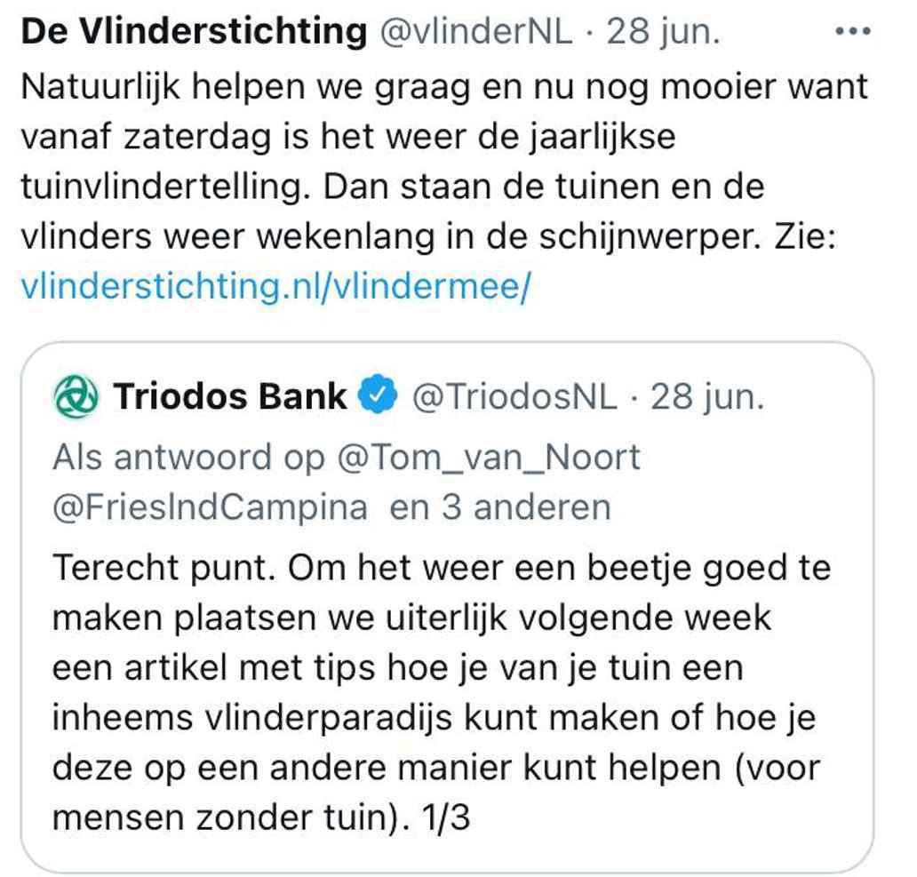 Twitterreactie vlinderstichting op voorstel tipsartikel vlindervriendelijke tuin - Triodos Bank